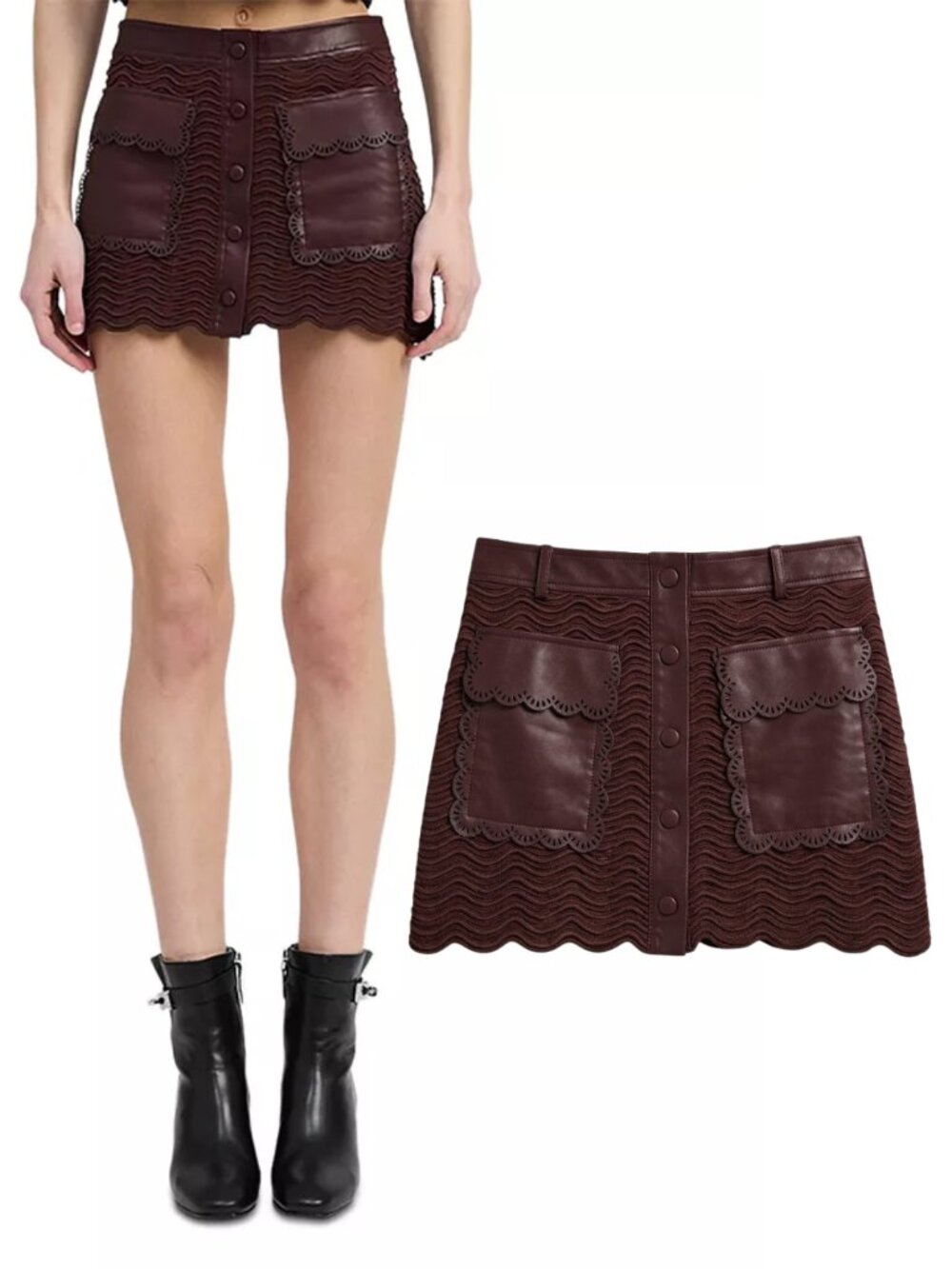En Saison Delphine Mini Skirt Plum Brown Knit Faux Leather Trim Scalloped